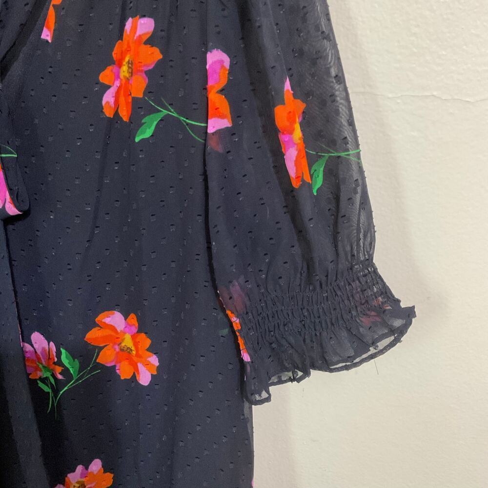 DKNY Navy Blue Floral Dress Chiffon Tie Neck 6 Small Swiss Dot Gathered Sleeves - Picture 6 of 9